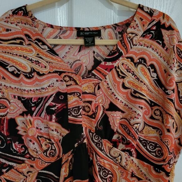 INC Top Blouse Paisley Print 1X Fall Winter Brown Orange 1XL Women's Work Career - Picture 2 of 7